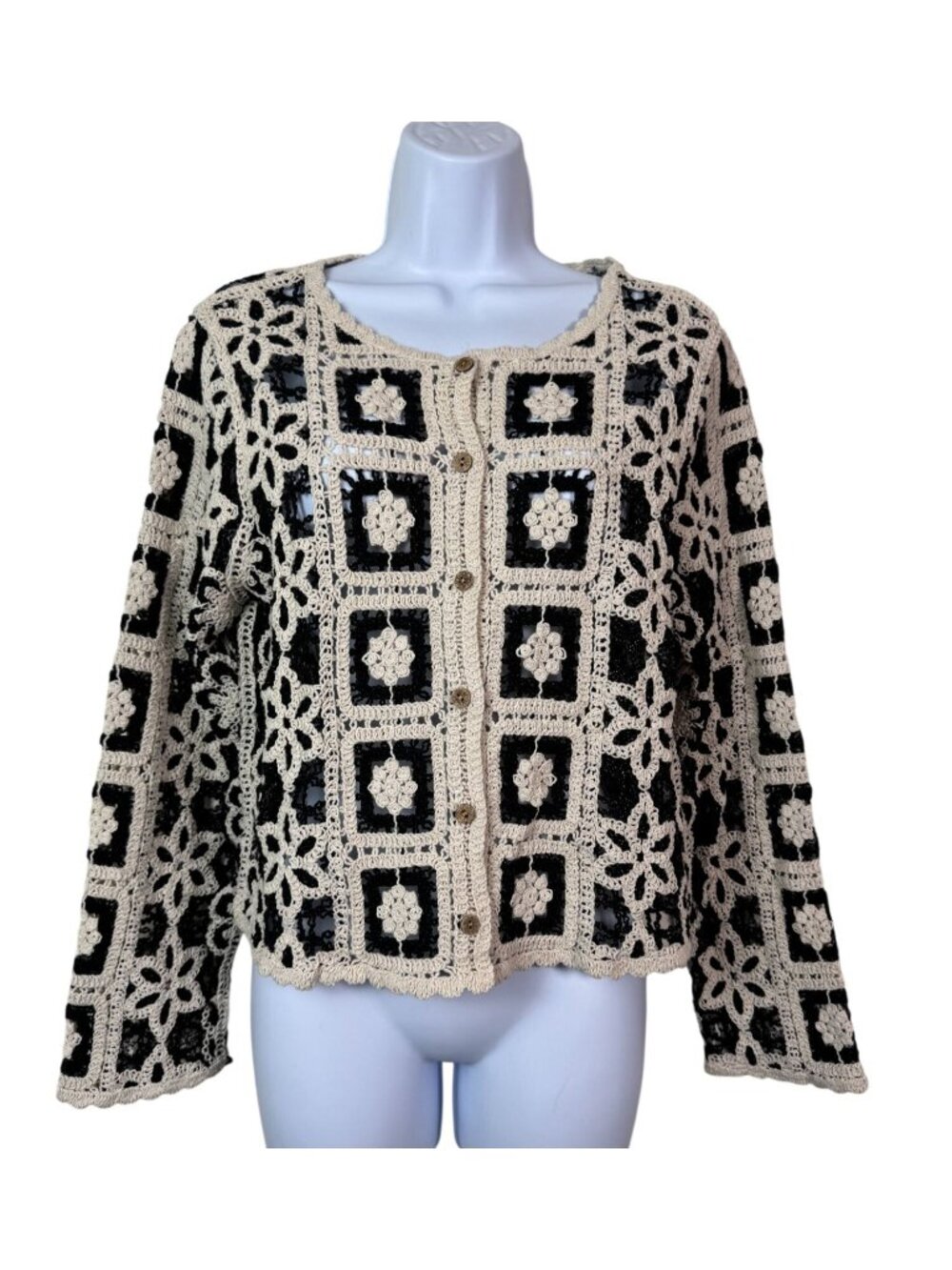 Ultra Pink Granny Square Crochet Floral Black Cream Button Up Cardigan Small